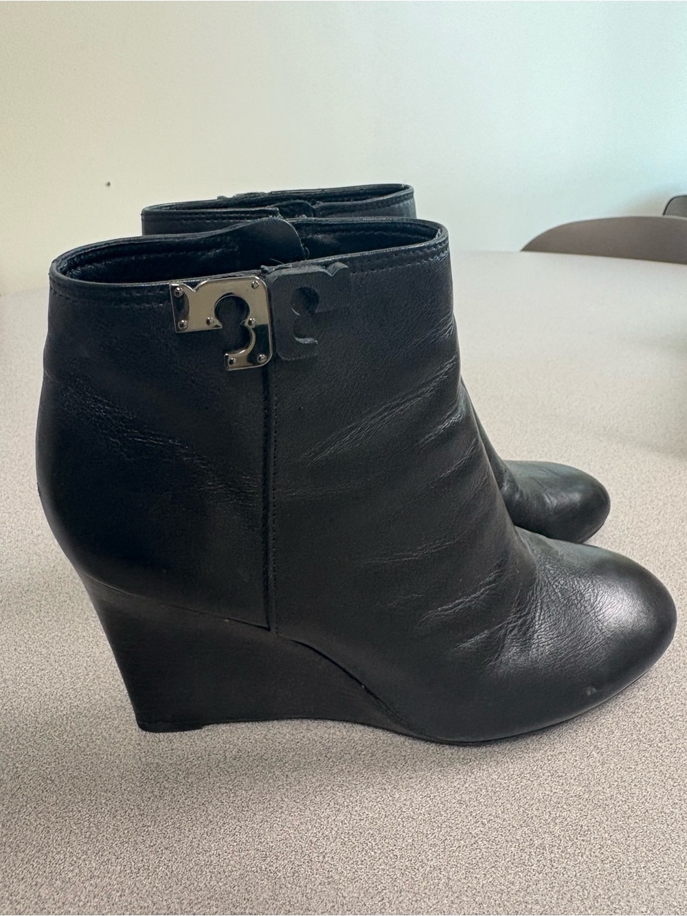 Tory Burch Black Leather Wedge Ankle Boots with Logo Accent